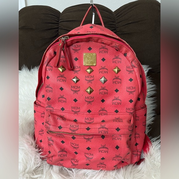 MCM Handbags - MCM Pink/Coral Logo Studded Backpack